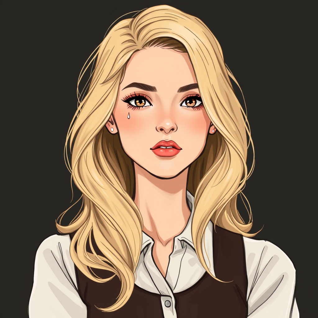 The image features an artistic portrait of a woman with long, wavy, blonde hair. The background is dark, which contrasts with the lighter tones of her hair and skin, emphasizing her features and the depth of her expression.1