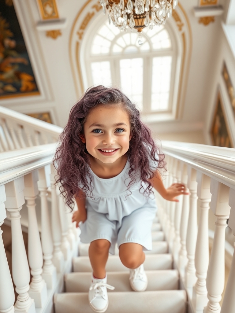 دختری ۱۳ساله با مو های بنفش فرفری ریز و بلند،پوست سفید،گونه های گلگون و چشمان آبی که لبخند بزرگ و پررنگی زده و شیطنت از قیافه اش میبارد،او پیراهن سفید رنگی و کوتاهی(تا زانو) با کتانی های محسوس پیاده روی سفید پوشیده و رژ لب صورتی صدفی زده و در حال سر خردن از نرده ی راه پله ای سفید رنگ در قصری زیبا است15
