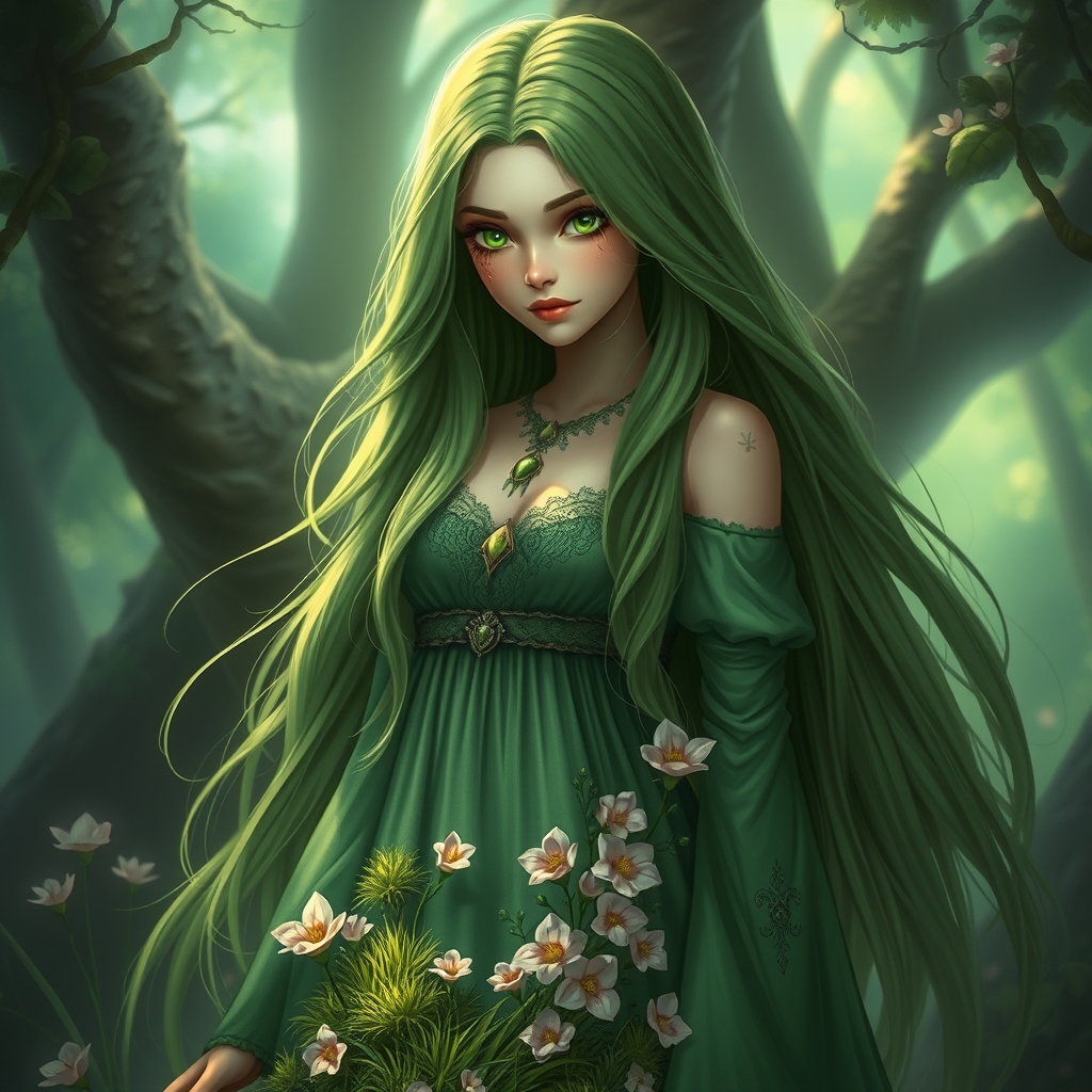 الهه جنگل که صورتی زیبا و موها و چشم ها و لب های سبز رنگ دارد و روی دامنش که رنگ سبز است چمن و گل های صورتی زیبا وجود دارد 19