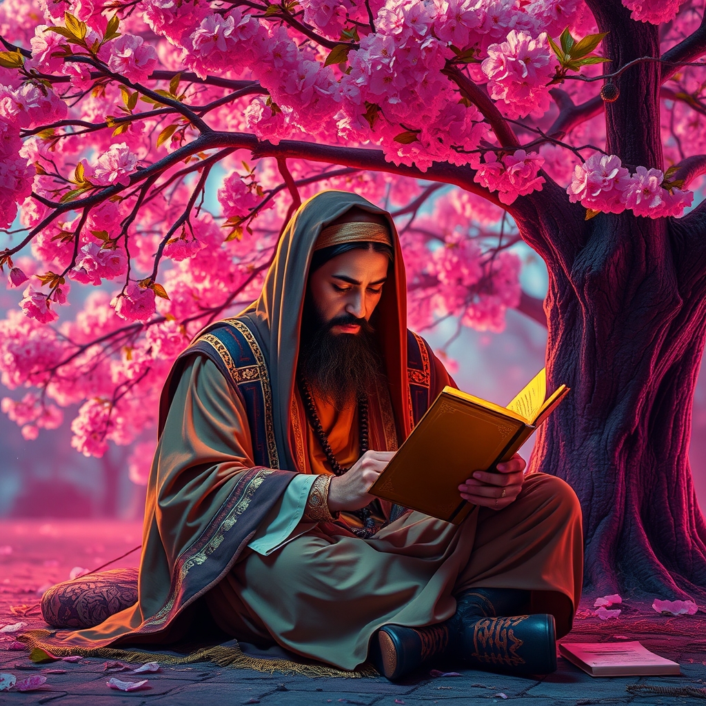 یک شاعر نشسته زیر درختی پرشکوفه، در حال نوشتن در دفترچه‌ای طلایی.2