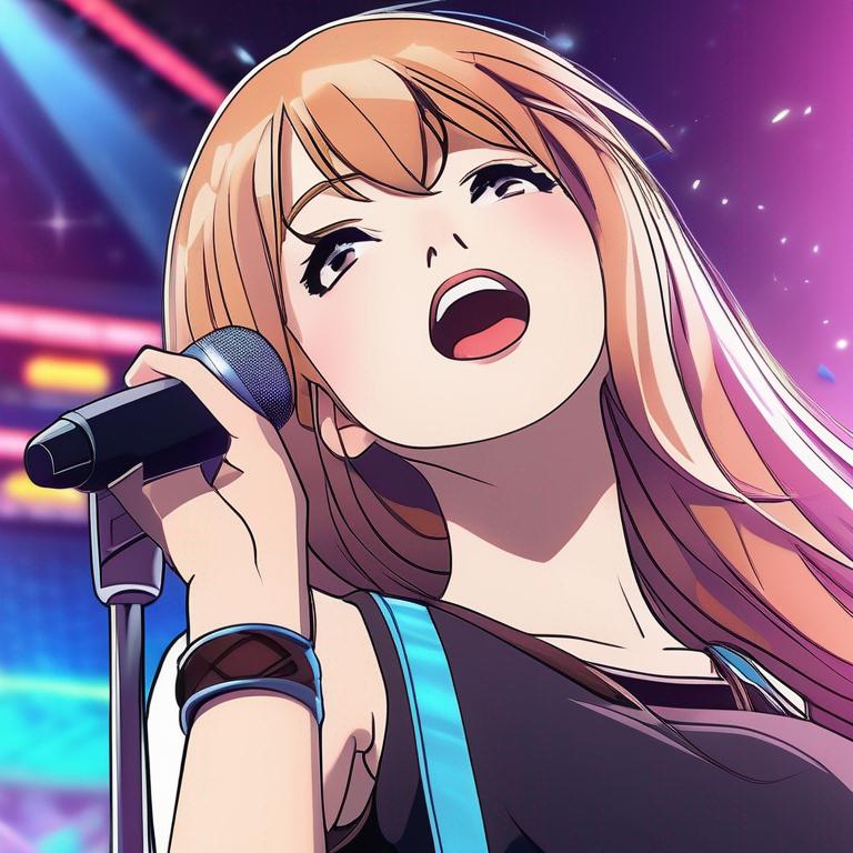 عکس دختر خواننده انیمه ای که به کنسرت میرود و روی استیج میخواند و خوانندگی میکند

16