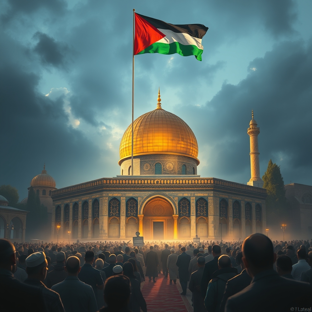 جمعیت از نمازگزاران در مسجد القصی و پرچم فلسطین بر فراز گنبد مسجد القصی 3