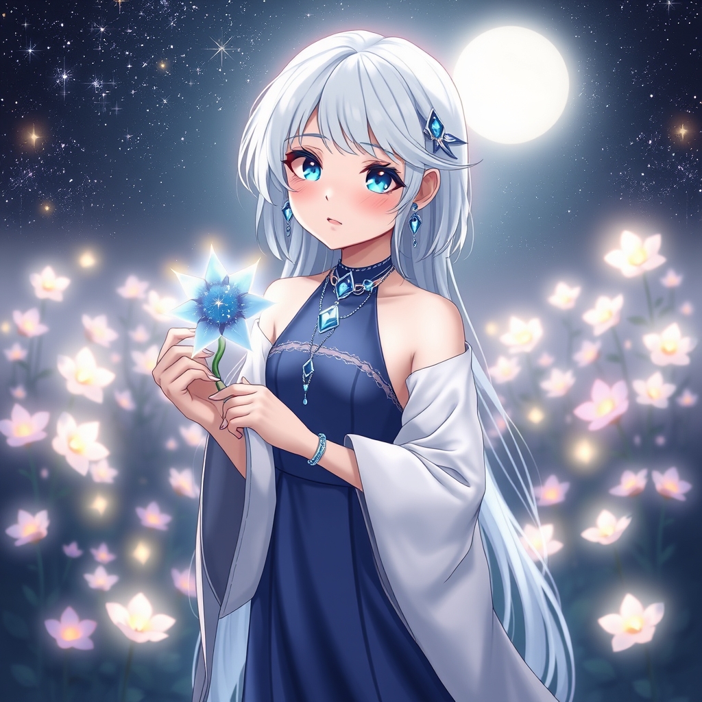 یک دختر با به گل ستاره در دست
دختر موهای سفید و چشمای آبی ستاره از داره ، توی چشماش کهکشان معلومه
دختر به لباس زیبا پوشیده و چهره زیبایی هم داره
یک روز لب سورتی به سبک ژاپنی
یک گردن بند و دست بند و گوشواره الماس آبی هم داره که با رنگ لباس و کفشش سته
پشت سرش یک باغ پر از گل های شب تاب و کرم شب تاب است و ماه سفید در آسمون پر ستاره است و دختره گونه هاش سورتیه
0