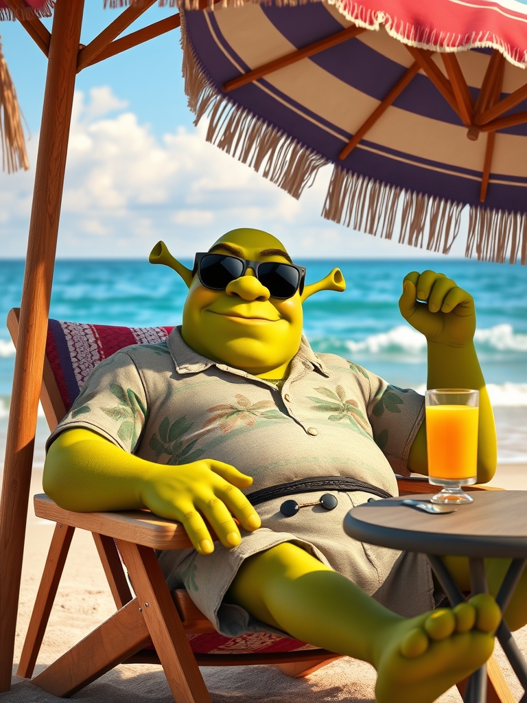 شرک با لباس هاوایی و عینک آفتابی کنار دریا درحال سیگار کشیدن لم داده روی صندلی با چتر و یک میز که یک لیوان آب پرتقال رویش است5