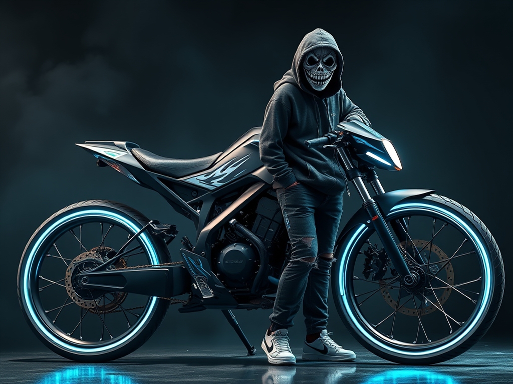 عکس دوچرخه ای بسیار قشنگ و اسپرت لوازمی که یک پسری با کلاهی ترسناک به صورت ، کنار دوچرخه ایستاده3