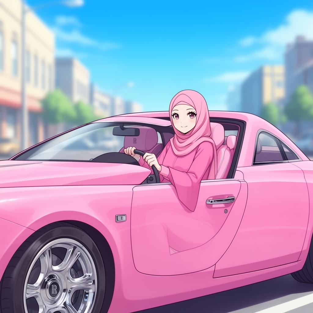 دختر با حجابی که تیپ صورتی زده است و سوار ماشین صورتی زیبا است2