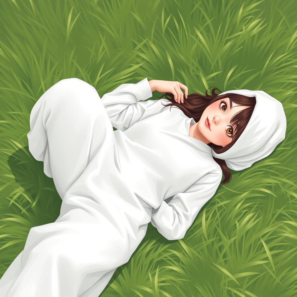یگ دختر زیبا با لباس راحت سفید در چمن زار دراز کشیده است2