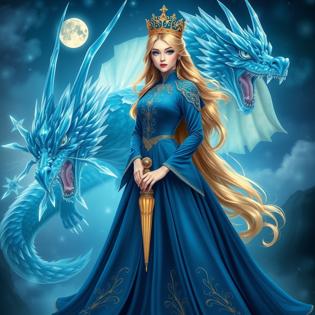 زیباترین زن جوان در جهان حتی در رویایی که شکوه خدا را داشته باشد که نظیر آن در دنیا نباشد که از شدت زیبایی همه بهش سجده کنند که با چشمانی آبی رنگ که در مردمکش دریا باشد و با پوستی سفید همانند ماه باشد که با موهای طلایی رنگ بلند باشد که زیبا ترین لباس سلطنتی
آستین پفی آبی کمرنگ با طلایی اکلیری رویایی برتن داشته باشد
و تاجی از طلا بر سر داشته باشد 
چتر زیبایی در دستانش باشد
 که پشت سرش اژدهای کریستالی بزرگ باشد ببینم رویایی چیکار می‌کنه تاکید کردم نظیر آن در دنیا نباشد3