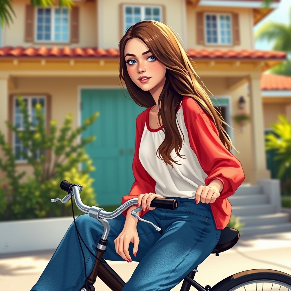 عکس یک دختر بسیار زیبا ۱۸ ساله بر رو دوچرخه نشسته است در جلوی خونه ای در کالیفرنیا با شلوار لی آبی تنگ و یک بلوز استین بلند با آستین قرمز و بقیه سفید با موها بلند قهوه ای و چشمان آبی10