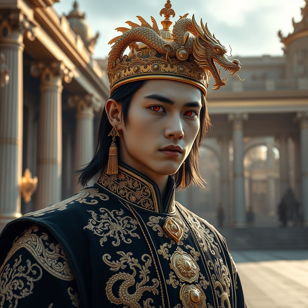 زیباترین  مرد جوان در جهان حتی در رویایی که شکوه خدا را داشته باشد که نظیر آن در دنیا نباشد که همه به ان از شدت زیبایی سجده کنند با موهای مشکی بلند  پوست سفید همانندماه،  و چشم های قرمز کریستالی که از هفت رود خانه مقدس خون درون چشمانش و  که لباس سلطنتی مشکی رنگی اژدهای طلایی رنگ که حکاکی شده اکلیری گوشواره در  روی دستش و تاجی از طلا بر سر اژدهای کریستالی بزرگ باشکوه هم در کنارش و پشت قصر تسخیر شده

0