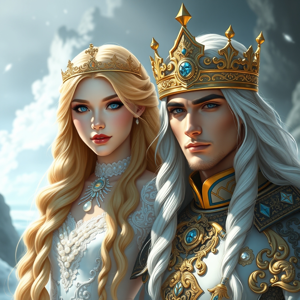 زیباترین زن جوان در جهان حتی در رویایی که شکوه خدا را داشته باشد که از شدت زیبایی همه بهش سجده کنند و نظیر آن در دنیا نباشد که با موهای بلند طلایی رنگ که تاجی از طلا بر سر داشته باشد که با چشمانی آبی رنگ که در مردمکش دریا باشد و با لباس سلطنتی شاهزاده خانمی سفید مروارید دوزی شده برتن  در کنارش زیباترین مرد جوان در جهان حتی در رویایی که شکوه خدا را داشته باشد که با چشمانی آبی رنگ که در مردمکش دریا باشد وبا پوست سفید وبا موهای نقره‌ای رنگ بلند که  لباس زیبای سلطنتی امپراطوری برتن و با تاج 22