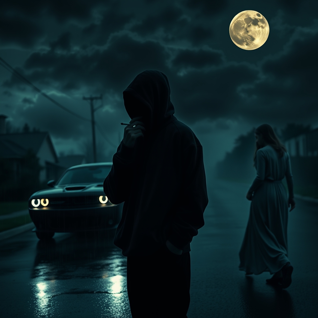 یک فرد که شکست عشقی خورده است و چهره اش معلوم نیست و هودی پوشیده است و سیگار میکشد در یک محیط تاریک و بارانی در خیابان، یک ماشین دوج چلنچر که فقط چراخ هایش معلوم است مشکی در حال رد شدن، یک دختر در حال دور شدن از محیط، هوای ابری مشکی و بارانی و ماه بزرگ در آسمان19