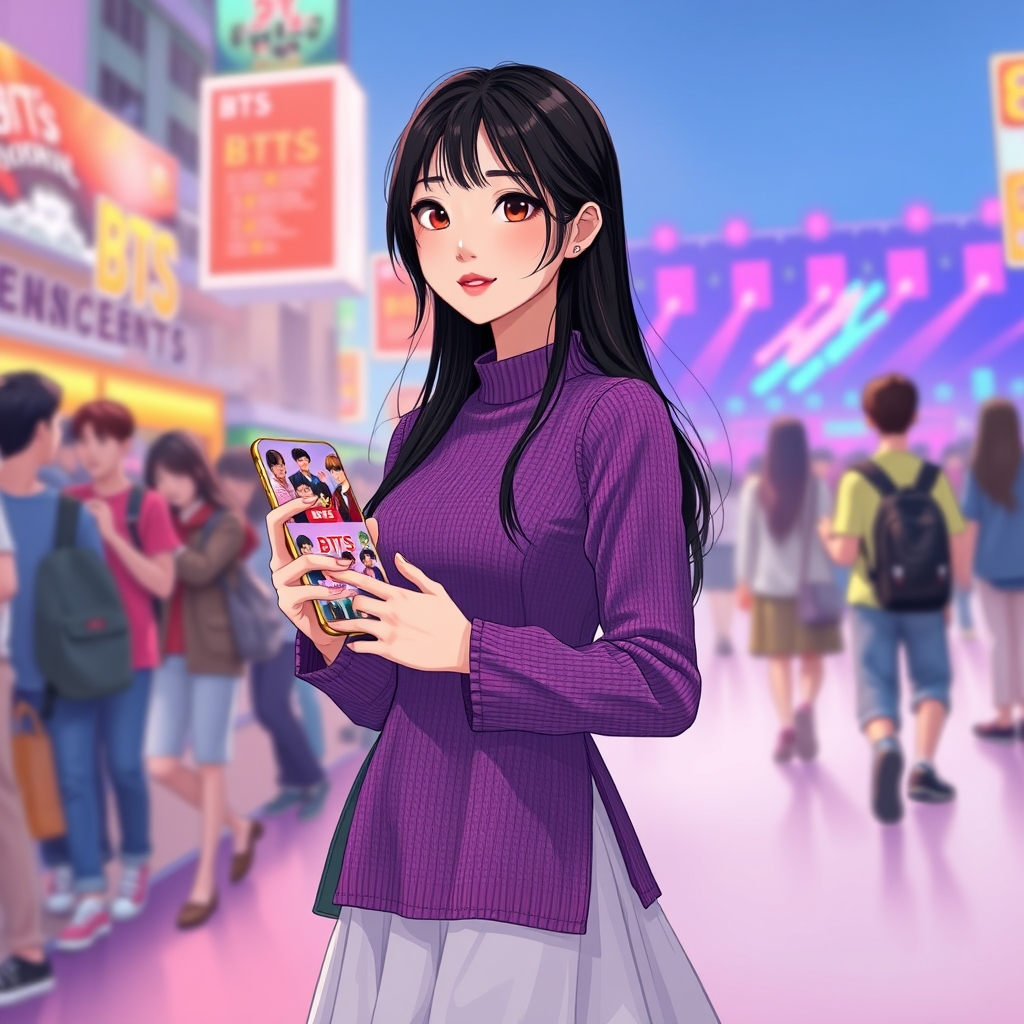 یک دختر کره ای ۲۰ ساله که لبای قرمز و پفکی داره پوستی سفید اندام مناسب و مژه های بلند و یک دامن سفید بلند و یک لباس بافته شده بنفش که روی ان BTSنوشته شده در دست راستش ارمی بمب و روی کیفش پیکسل و عکی های اعضایBTSهست در حال رفتن به کنسرت BTSو کلی جعمیت که ارمی هستند دختر موهای بلند و حالت دار مشکی داره و خیلی زیباست رنگ چشماش قهوه ای 5