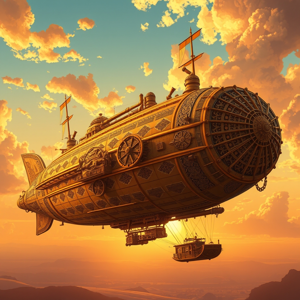 یک کشتی هوایی استیم‌پانک با چرخ‌دنده‌ها و لوله‌ها، در حال پرواز در غروب طلایی.15