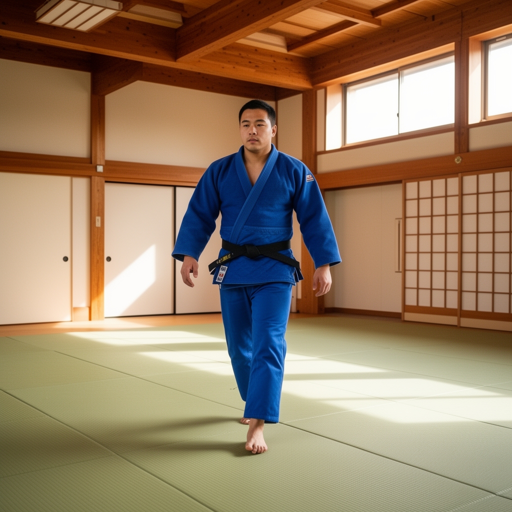 عکس به جودوکار با لباس جودی آبی در حال راه رفتن در سالن جودو برام ترسیم کن1