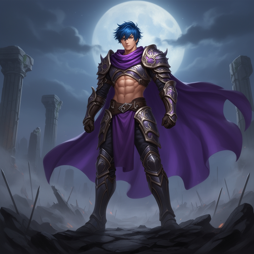 جوان (( مرد )) ورزشکار هیکلی تنومند و شکم شش تکه موهای ابی لباسهای جنگجوی با شنل بنفش 1