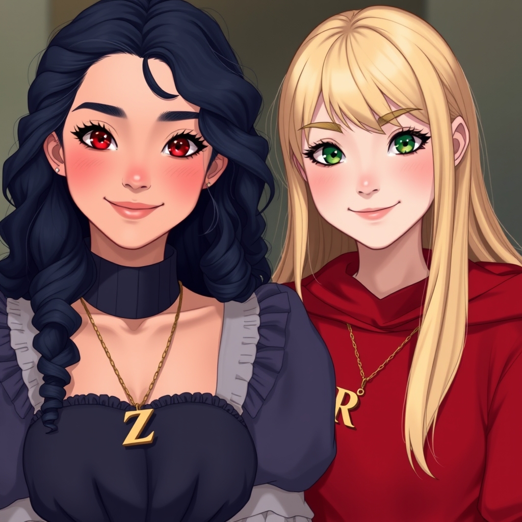 دوتا رفیق دختر که ۱۸ ساله هستند که پوست سفیدی دارند و گردنبند های ست پوشیدن که روی گردنبند اول حرف Zو روی گردنبند دوم حرفRنوشته شده باشد اونی که گردنبندش حرف Zدارد موهای بلند حالت دار و به رنگ آبی نفتی و لپ ها و لب هایی به رنگ صورتی و لباس پف آبی نفتی و چشمانی به رنگ یاغوتی قرمز  داردو اونی که گردنبندش حرف Rدارد موهای بلند لخت و به رنگ طلایی دارد و لپ ها و لب های قرمز و لباس پف دار قرمز و چشمانی برنگ یاغوتی سبز  دارد 1