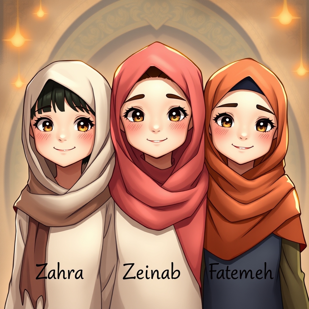 سه دختر محجبه کنار هم با لبخند ایستاده اند و اسم آنها با ترتیب زهرا، زینب، فاطمه است و اسم آنها زیرشان نوشته شده و زینب قدش کمی از آن دو نفر کوتاه تر است و صورت سه تایشان با هم فرق میکند16
