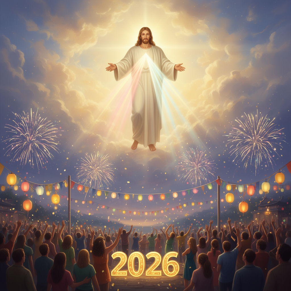 عیسی در اسمان است و در روی زمین مردم دارند سال ۲۰۲۶ را جشن میگرند0
