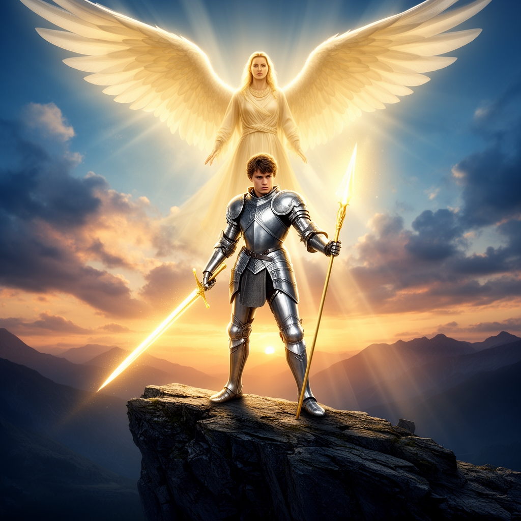 فرشته وفائیل یک پسر جوان که زره بر تن دارد و شمشیر و نیزه ی نورانی در دست دارد2