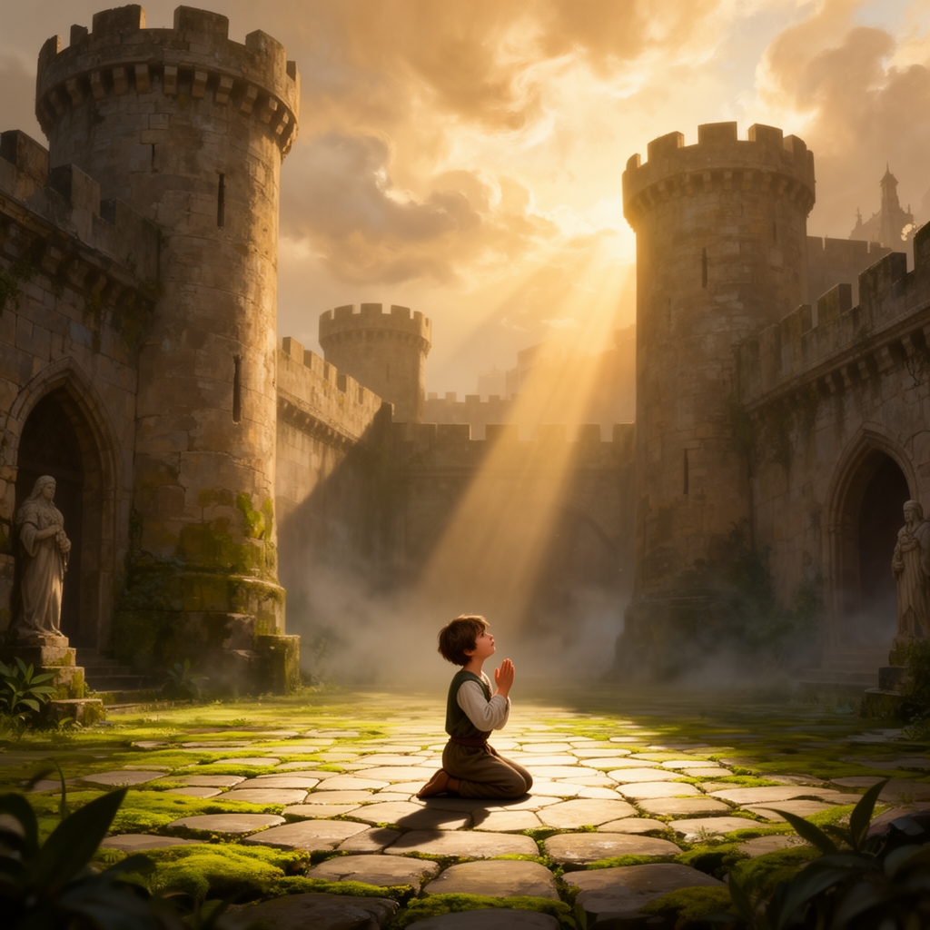 قلعه ای که پرتو زیبای خورشید بران می تابد
در قلعه محکم بسته است وپسری جوان در حیاط قلعه درحال نمازخواندن است2