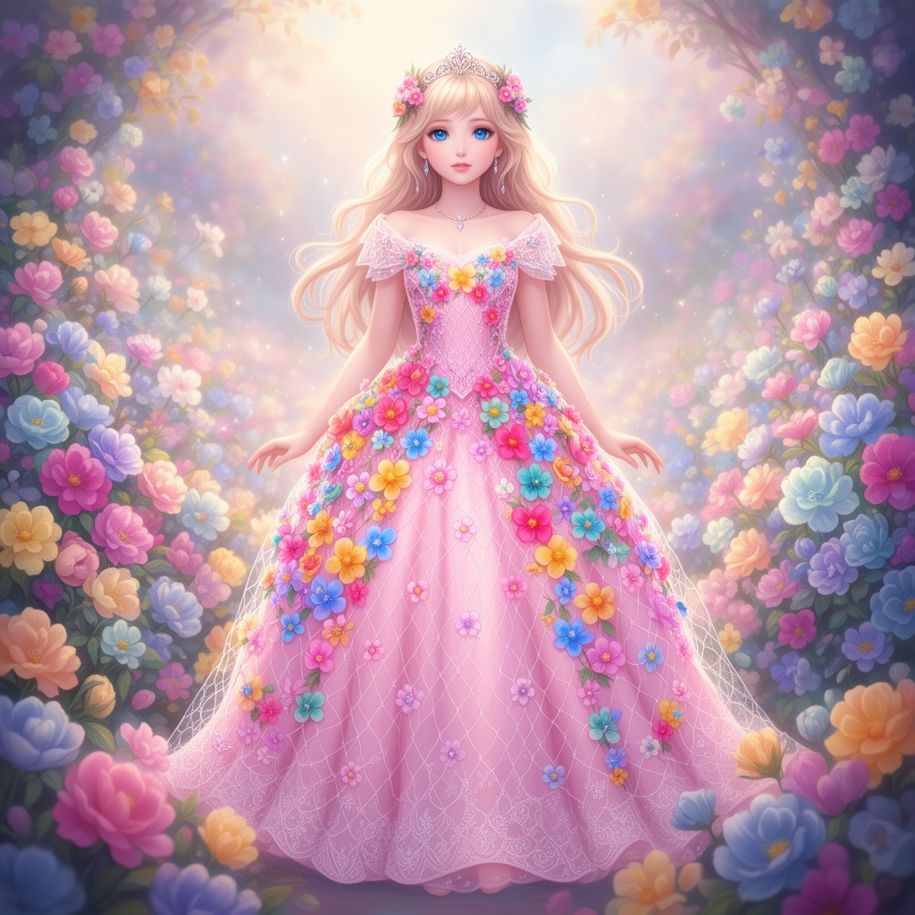 زیبا ترین دختر در جهان با چشمانی آبی رنگ و لباس پرنسسی صورتی و روی تور لباسش شکوفه باشد و عکس شکوفه های رنگارنگ باشد 5