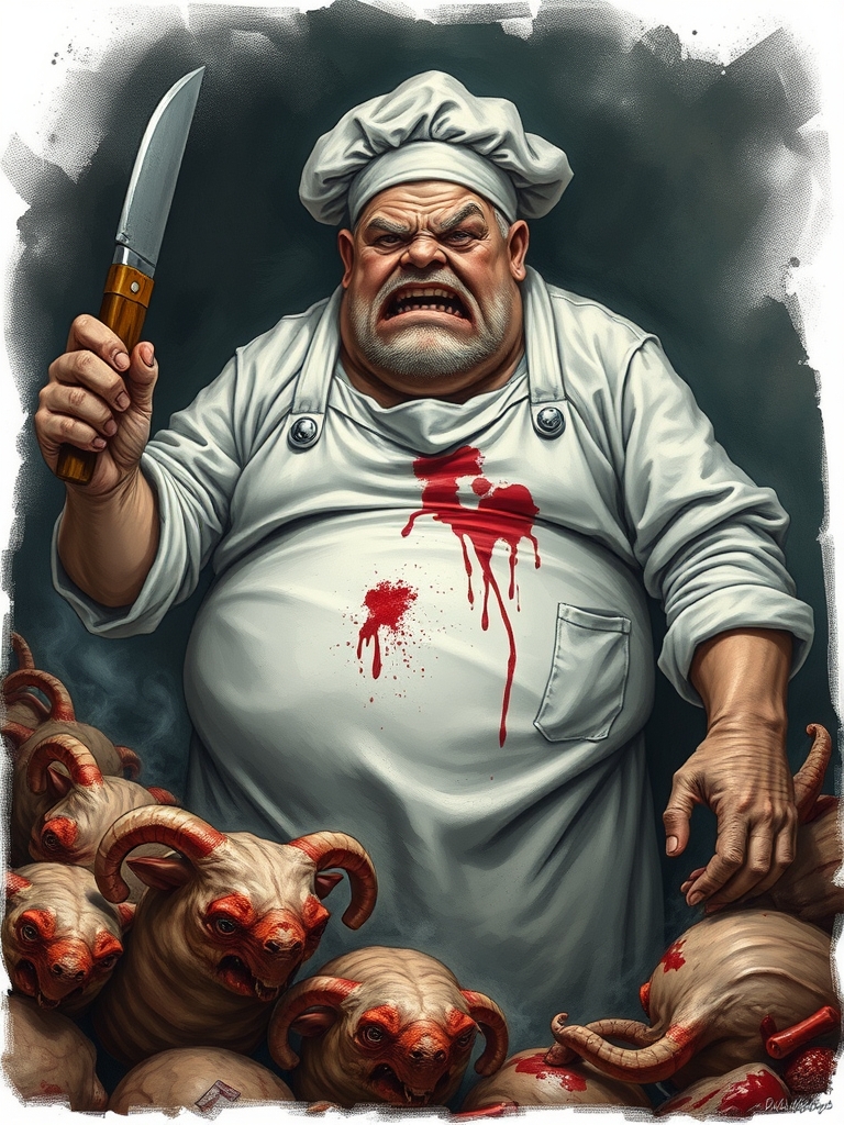 A scary fat bloodthirsty cook man with a cleaver and knife and mutton in a bloody white apron🔪🩸🧌👨🏻‍🍳17