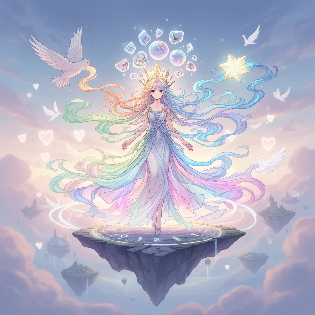 تغییرنگاهش مانند دریچه‌ای به رؤیاهای دیگران پر از هزاران داستان ناتمام موهایش مثل دودهای رنگی که مدام شکل عوض می‌کنندگاهی پرنده گاهی رودخانه، گاهی ستاره تاجش از خاطرات گمشده‌ی انسان‌ها ساخته شده هر تکه‌اش یک لحظه‌ی فراموش‌شده لباسش مثل پارچه‌ای از زمان که مدام بین گذشته و آینده در حرکت است او ملکه‌ی خیال است پیامش این است که هیچ مرزی میان واقعیت و رویا وجود ندارد و حضورش مثل پلی میان ذهن و جهان دل‌ها را به پرواز در دنیای ناشناخته‌ها می‌برد4