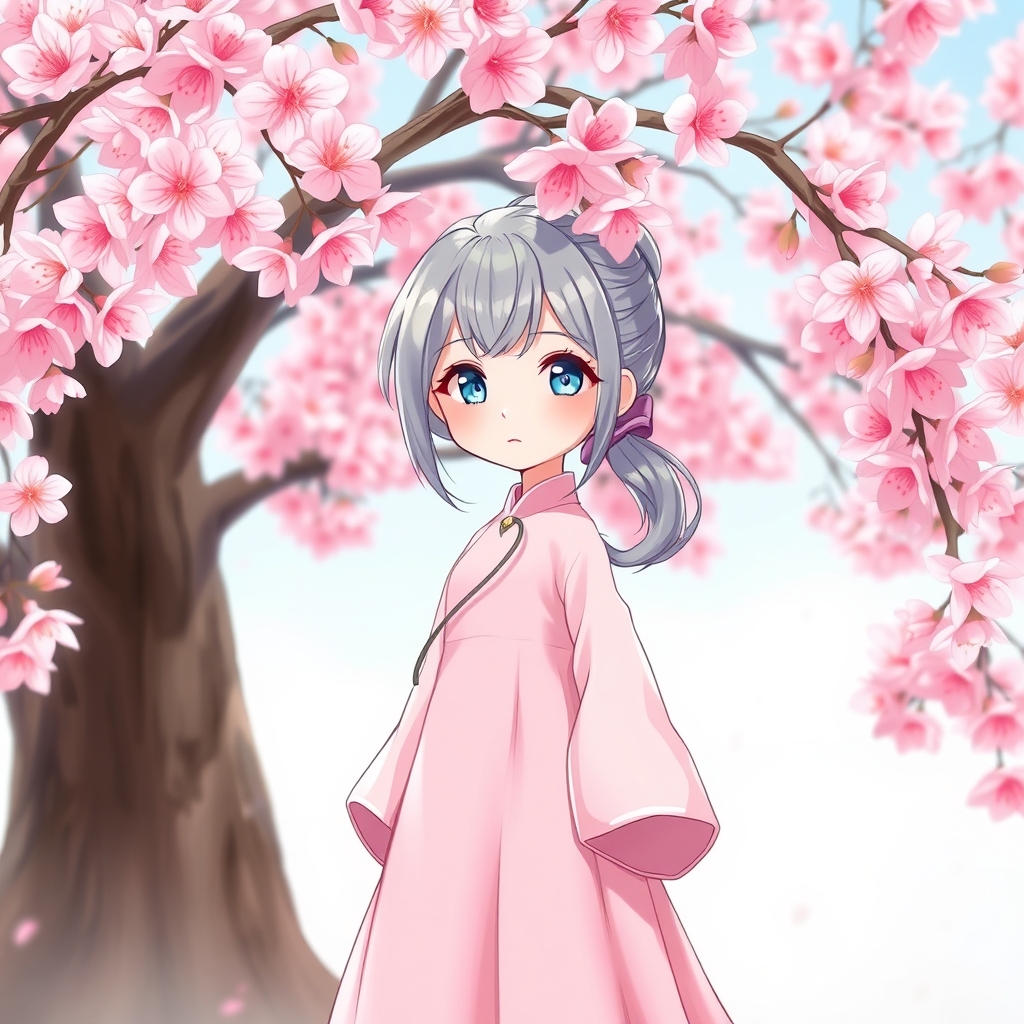 یه دختر کیوت کرهای که لباس باستانی کره ای صورتی پوشید با موهای خاکستری و چشمای آبی که ملکه است و ایستاده زیر یه درخت پر از شکوفه های گیلاس 0