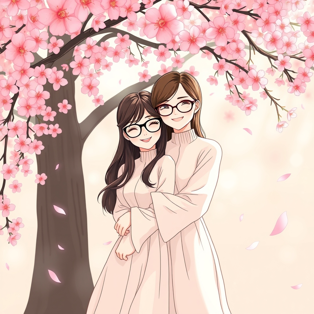 دو دوست زیبا که هردو عینک دارند وهمه دیگر را بغل کردند و زیر  یک درخت پر از شکوفه های صورتی است 13