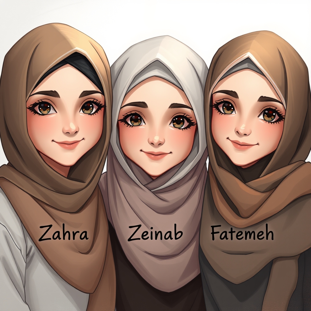 سه دختر محجبه کنار هم با لبخند ایستاده اند و اسم آنها با ترتیب زهرا، زینب، فاطمه است و اسم آنها زیرشان نوشته شده و زینب قدش کمی از آن دو نفر کوتاه تر است و صورت سه تایشان با هم فرق میکند15