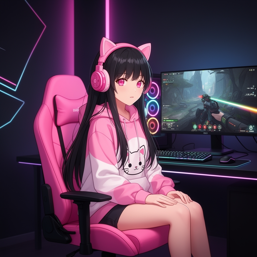 دختر انیمهای گیمر که روی صندلی صورتی نشسته در اتاق گیم قرار داره موهای بلند و مشکی دارد یک هدفون صورتی گربهای دارد و یک هودی گربهای صورتی و سفید دارد و رنگ چشمش صورتی است5
