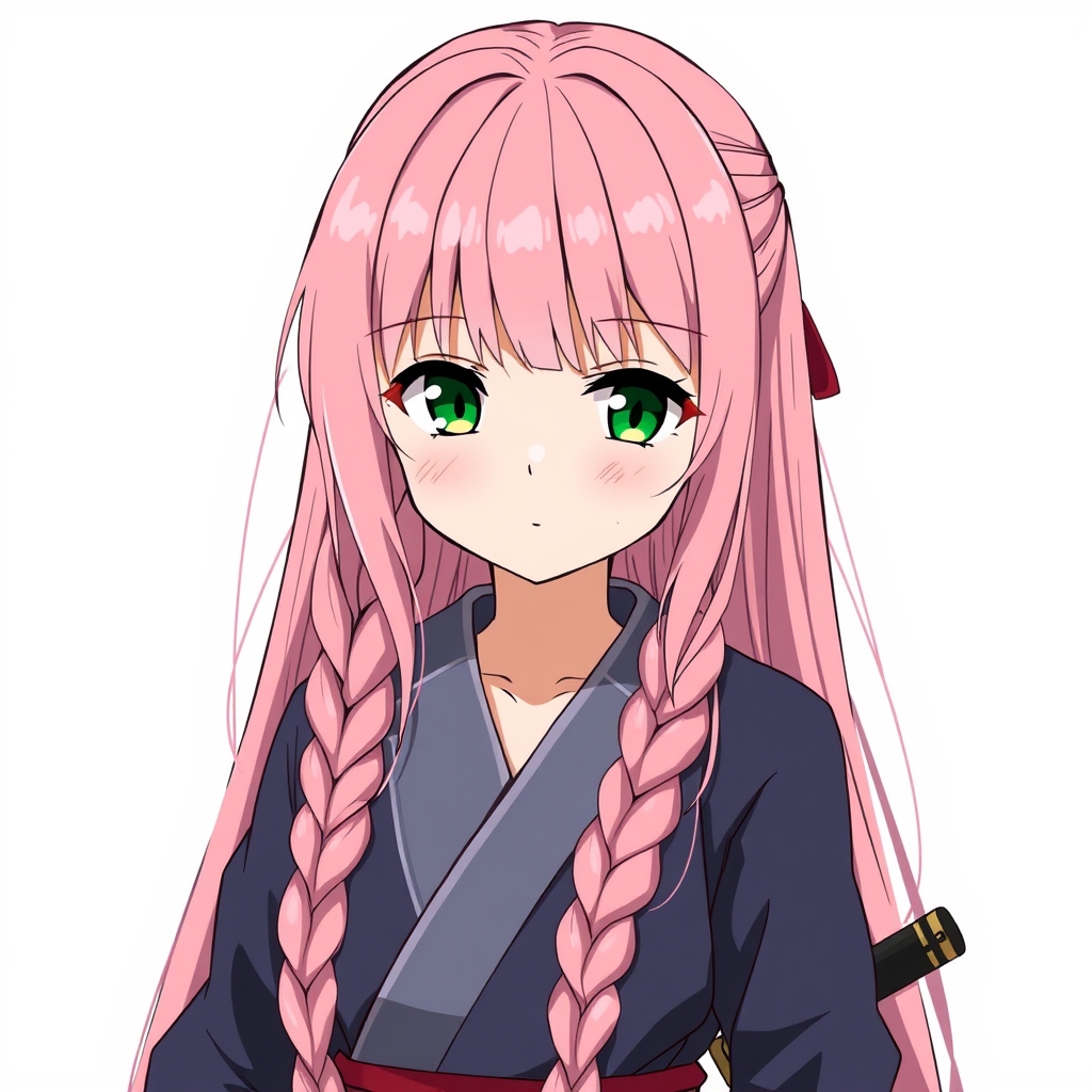 یه دختر با موهای صورتی که سه تایی بافته و ته موهاش سبز هست و موهاش هم بلنده ، موهاش خیلی پر پشته دو تا از بافتار جلو افتاده و یکی عقبه جلوی موهاش چتریه و یه لباس رزمی پوشیده با یه شمشیر چشماش هم سبزه1