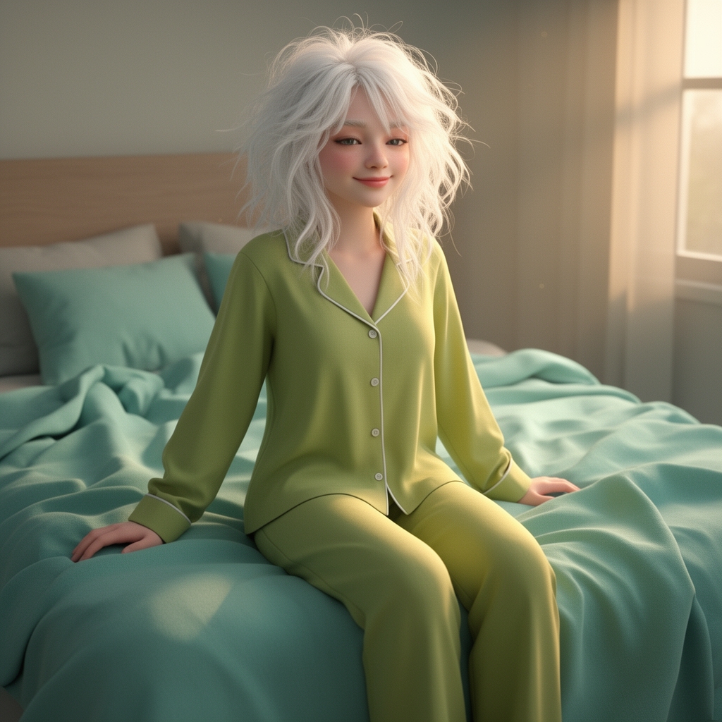 تصویری از دختری زیبا که تازه از خواب بیدار شده و روی یک تخت خواب سبز آبی نشسته است. موهای سفیدش (آلبنیسمه) بهم ریخته است و یک لباس خواب لیمویی هم پوشیده 1