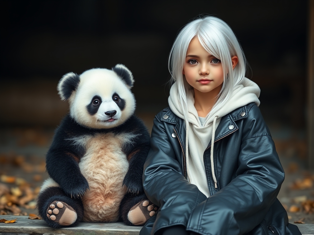 یک پاندا ناز کوچک در کنار دختری زیبا با موهای سفید و هودی سفید و کت مشکی چرمی2