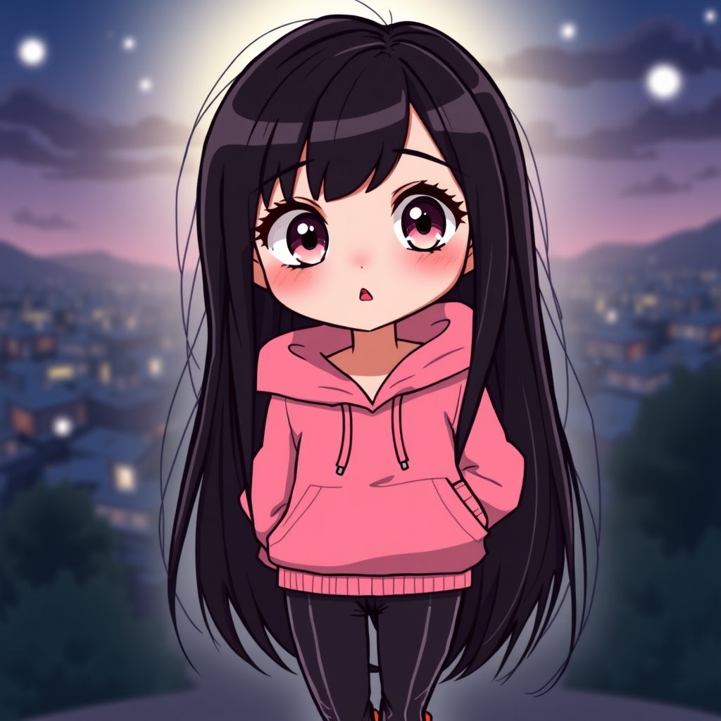 دختری با مو هایی بلند و سیاه پوستی سفید چشمانی درشت به رنگ صورتی و لب کوچک قرمز گونه هایی صورتی ی کم رنگ و یک هودی صورتی و یک شلاواک لی سیاه و کفش صورتی 
و پشت صحنه ی شب زیبا4