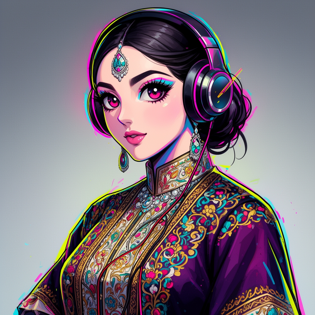 پرتره نقاشی شده از یک زن با لباس سنتی قاجاری اما با آرایش مدرن و هدفون روی گوش، تلفیق هنر کلاسیک و پاپ آرت.2