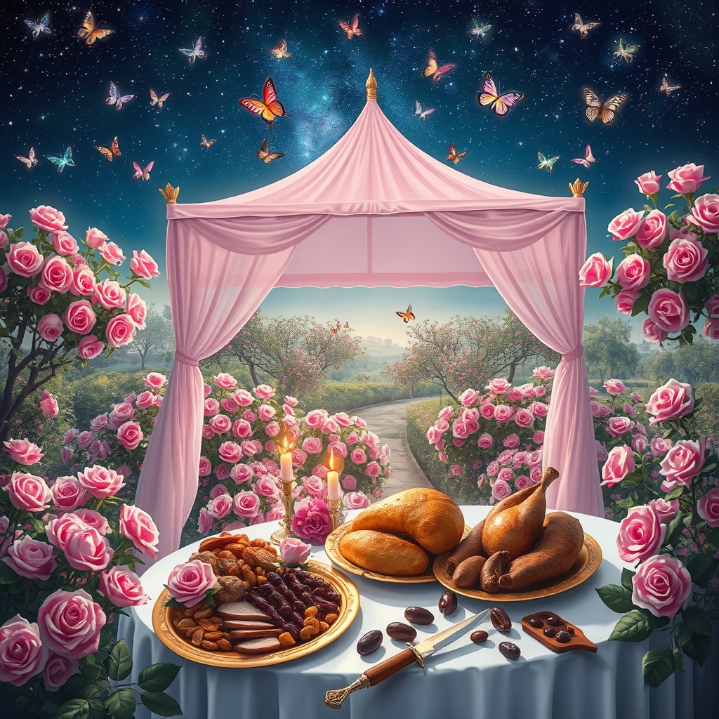 در شب پر ستاره پر از پروانه های درخشان باغ گل رز صورتی در احاطه درختان پر شکوفه سیب یک خیمه توری صورتی یک تخت خواب دخترانه سفید پر از گل های رز صورتی با میز سفید شام نان کباب گوشت و مرغ بریان آجیل میوه مثل انگور انار خرما با گل رز و خنجر


13