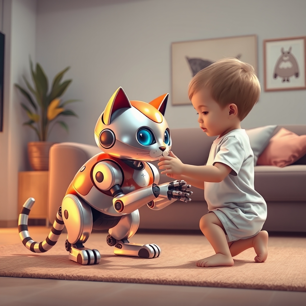 یک گربه ربات بازیگوش با خز فلزی براق، در حال تعامل با یک کودک در یک اتاق نشیمن آینده‌نگر.0