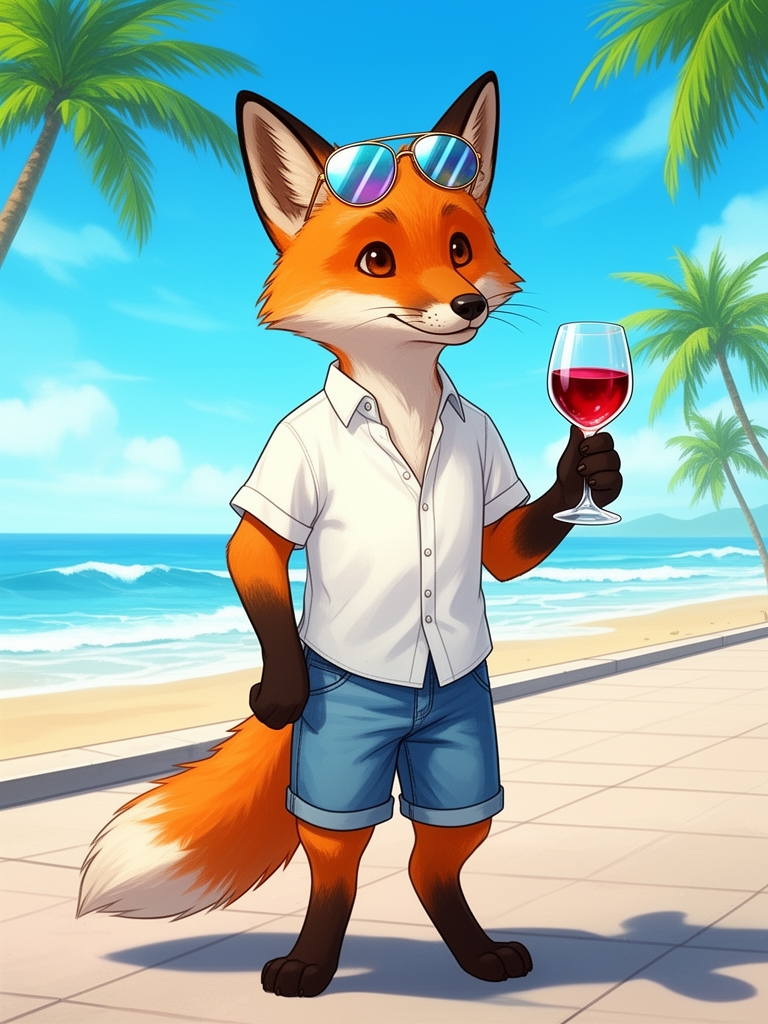یک روباه روی دوتاش استاده لباس تابستانی عینک آفتابی زده و یک لیوان شراب توی دستش گرفته 0