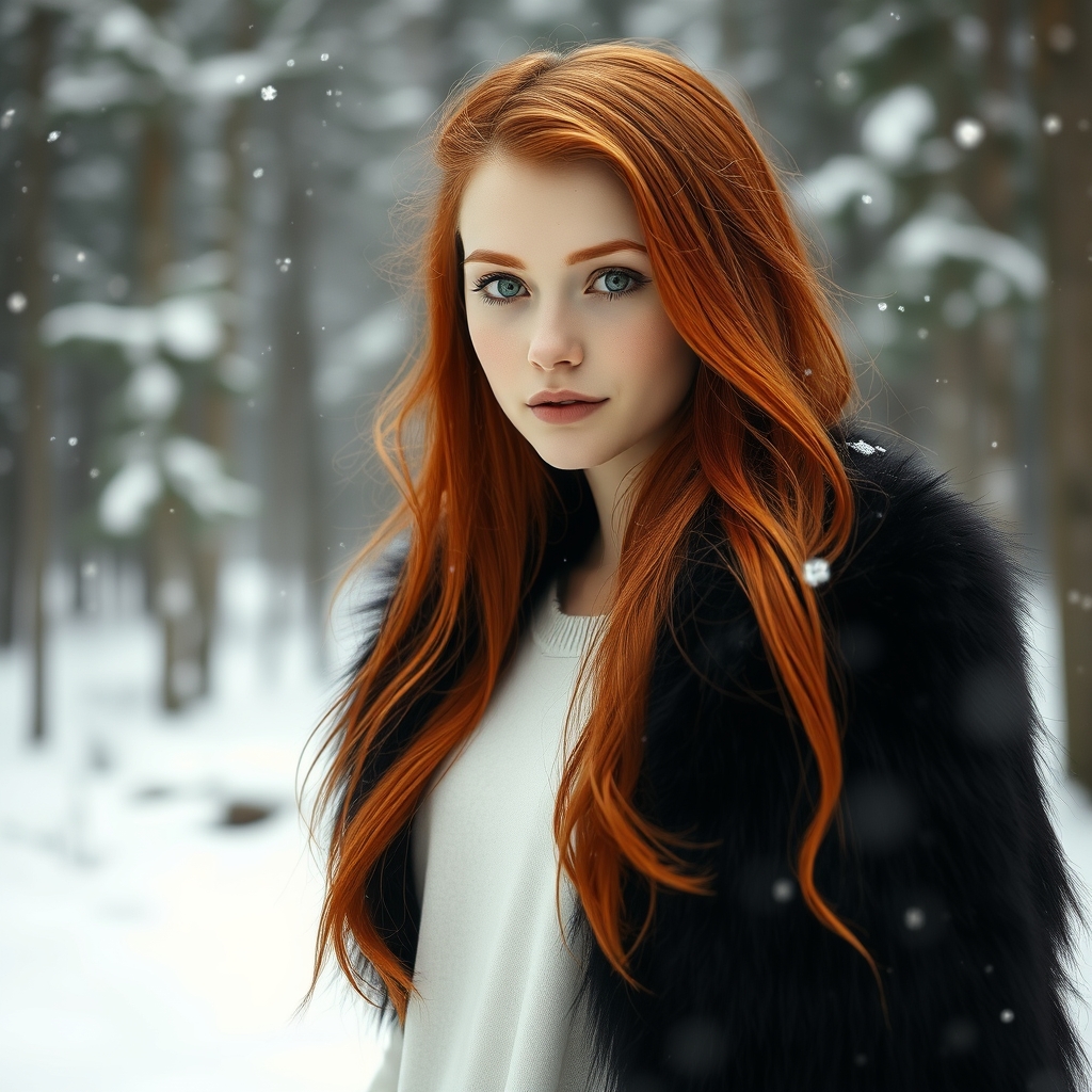زیباترین زن جوان در جهان حتی در رویایی که با موهای قرمز رنگ بلند که دور شونههایش ریخته شده باشد و با چشمانی سبز رنگ که با پوستی سفید همچون برف داشته باشد که پالتویی از پوست روباه مشکی رنگی بر شونههایش باشد همچون برف داشته باشد و برف هم در حال باریدن باشد که پشت سرش جنگلی زیبا و رویایی باشد ببینیم رویایی چیکار میکنه19