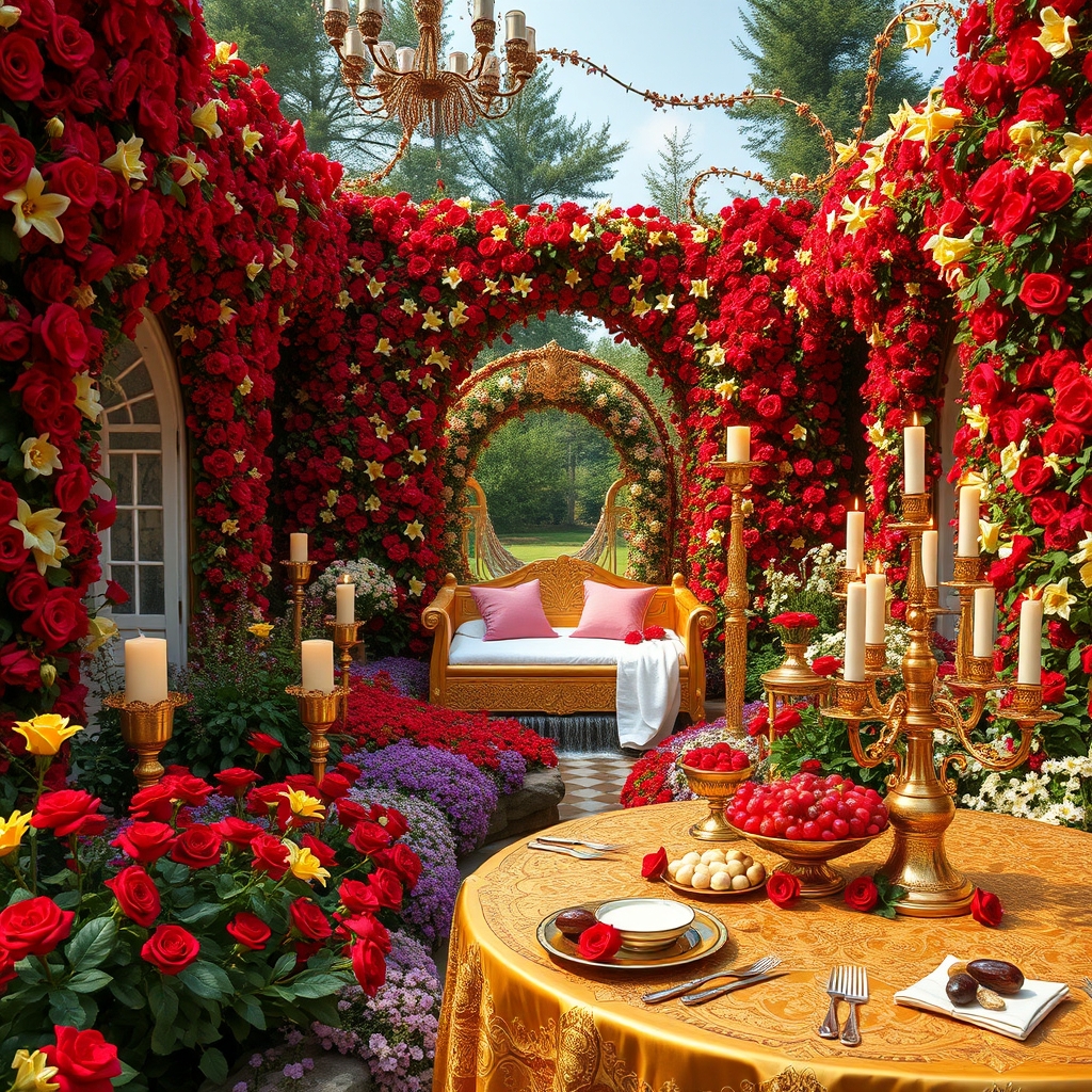 در باغی پر گل سرخ و لی لی یم زرد و سفید اطلسی شب بو
در و دیوار بلند آن پوشیده از گل سرخ لی لی یم زرد و سفید اطلسی و شب بو
زمین پر گل سرخ لی لی یم زرد و سفید اطلسی شب بو 
وسط باغ 
زیر تونل دراز و مسقف از گل سرخ و لی لی یم و اطلسی و شب بو
گوشه کنار رودها و آبشارها جاری ست 
یک تخت خواب قرون وسطایی طلایی با کوسن صورتی پر  شده با گل سرخ و لی لی یم حوله نرم و سفید
شمعدان های پر شمع گوشه کنار دیده می شود 
و میز مجلل طلا 
پر نان کره خامه عسل مربا باقلوا شیر گردو پسته آجیل 
و میوه مثل انگور انار سیب خرما12