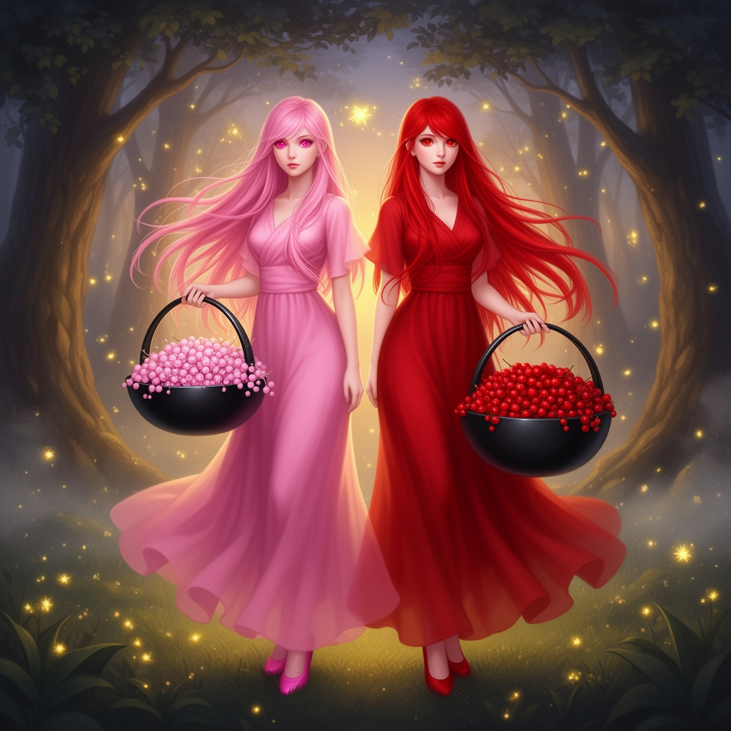 ۲ دختر زیبا که یکی موهای صورتی چشمان صورتی پیراهن صورتی و کفش‌های صورتی دارد آن دیگری موهای قرمز  چشمان قرمز پیراهن قرمز در تن دارد  کفش‌های قرمز هم دارد در دست آن دختر که پیراهن صورتی دارد سبدی سیاه که در او توت‌های صورتی دارد در دست او که لباسی قرمز دارد سبد سیاه که در او توت‌های قرمزی دارد3