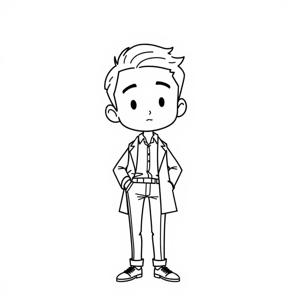 یه عکس تک بعدی کارتونی از یک شخصیت مرد با نقاشی روان ساده و کاریکاتور حالت با پس زمینه سفید مرد پیراهن و شلوار پوشیده و یک کت بر تن دارد سیک کارکاتوری نقاشی و قلم 0