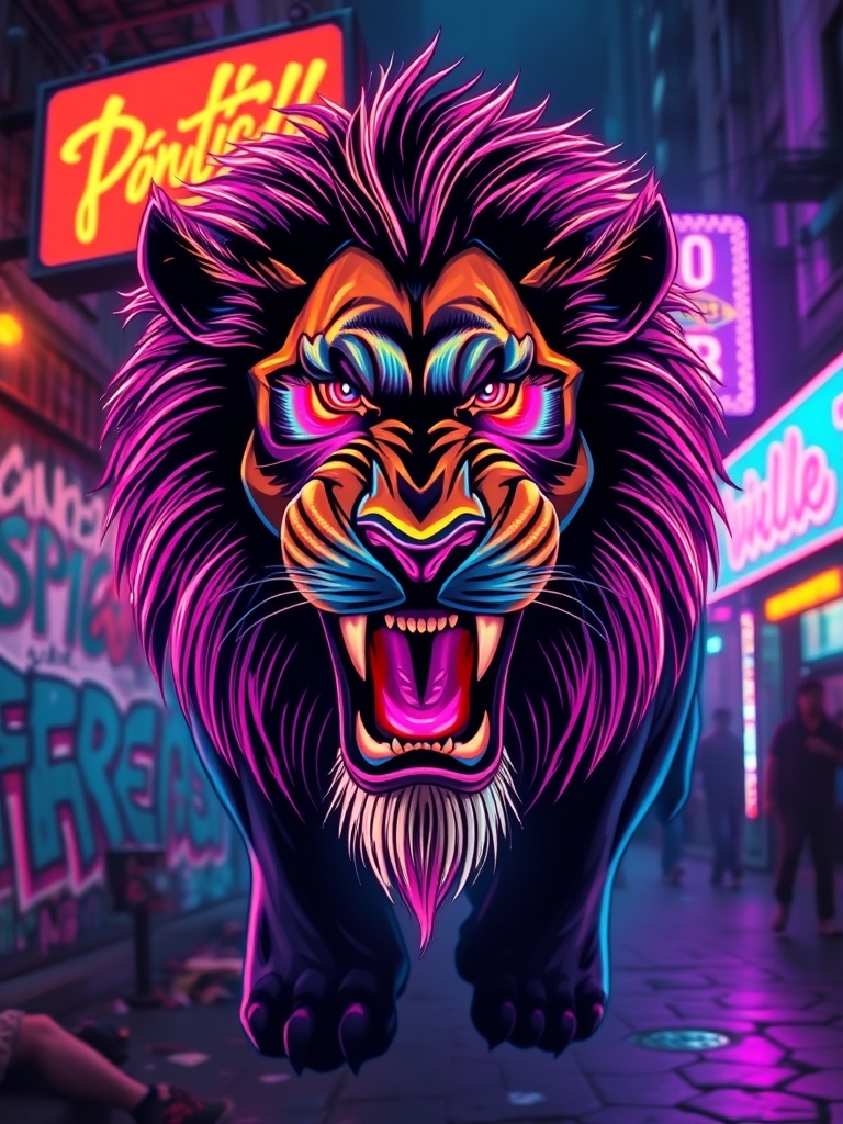 یک شیر نر نئونی در حال غرش که چشم هایش برق میزند 10