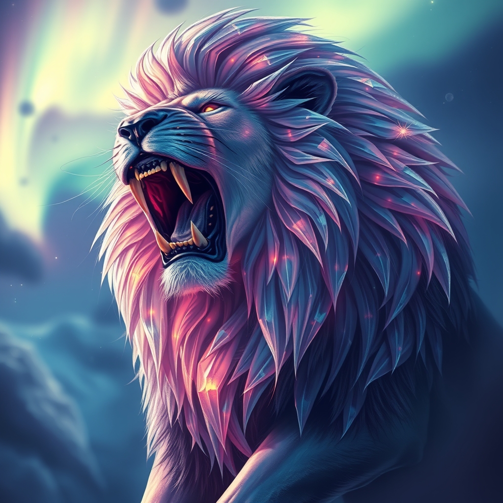یک شیر قدرتمند با خز کریستالی‌شکل، غرش‌کنان زیر آسمانی روشن از شفق قطبی.2