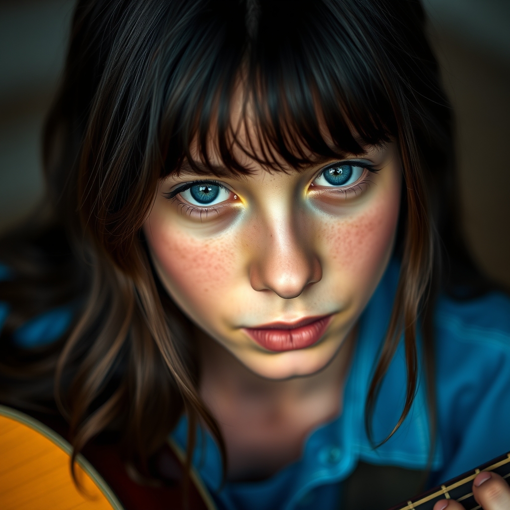 تصویر یک دختر گیتاریست با چشمان آبی و موهای مشکی بلند و باز و موج دار و چتری و پوست سفید و گونه های سرخ و پیراهن آبی7