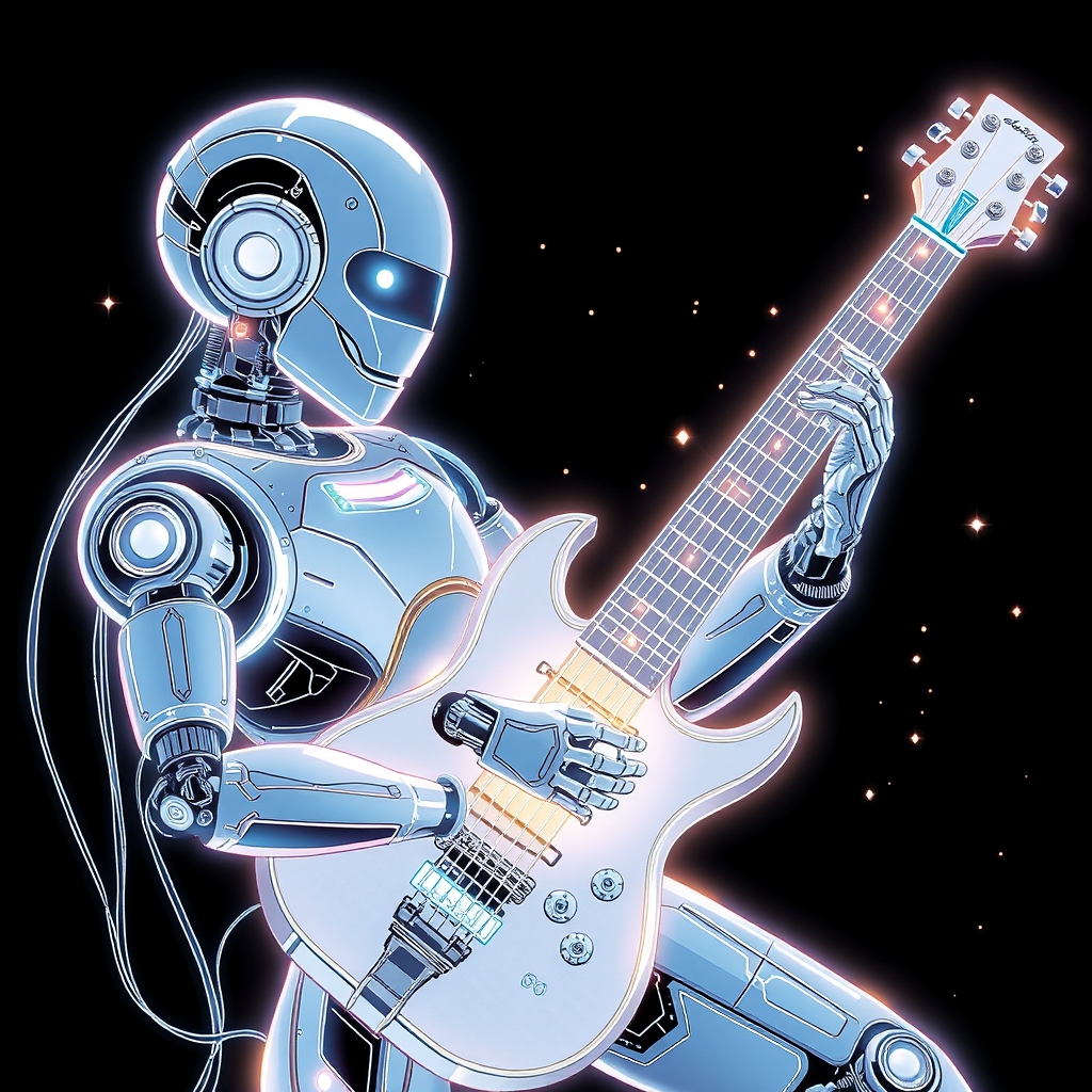 یک ساز موسیقی آینده‌نگر با رشته‌های هولوگرافیک درخشان، در حال نواختن توسط یک ربات.2