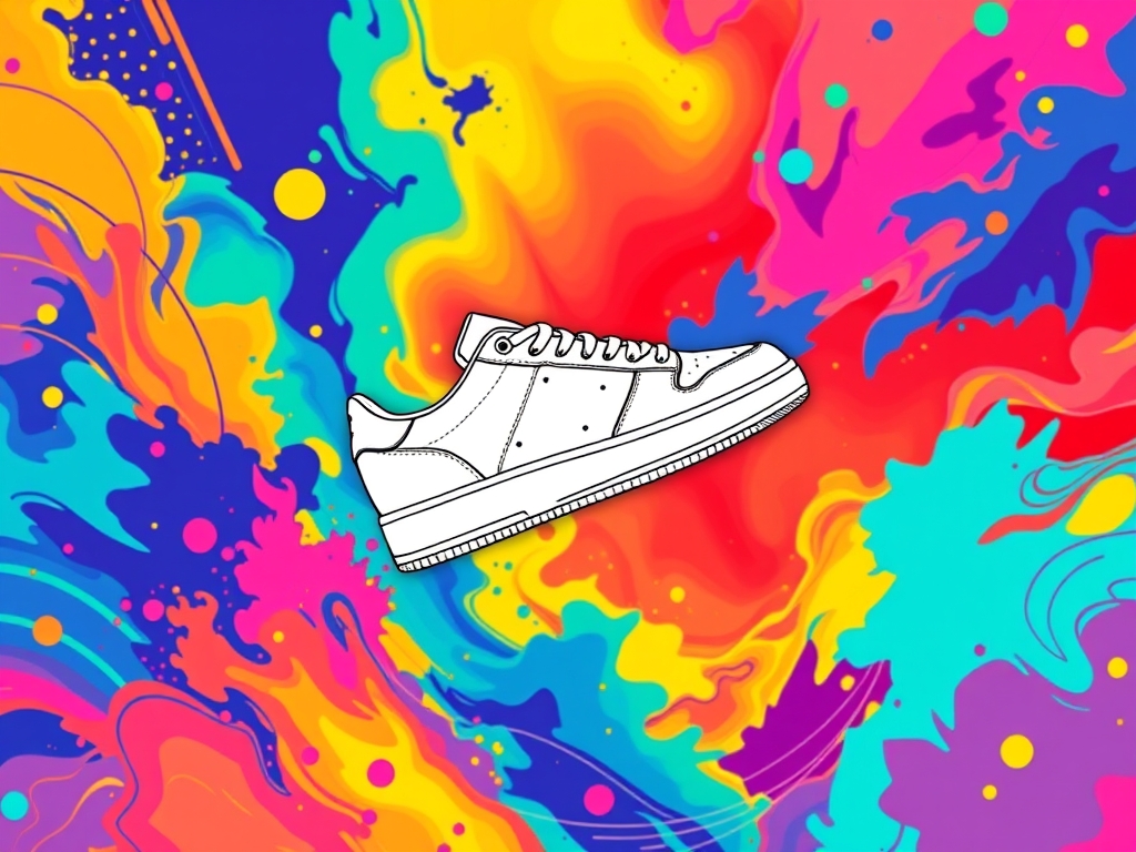 عکاسی تبلیغاتی از یک کفش ورزشی سفید که در هوا معلق است، پس‌زمینه رنگی پویا، کلمه "SPEED" با فونت اسپرت در کنار آن نوشته شده.0