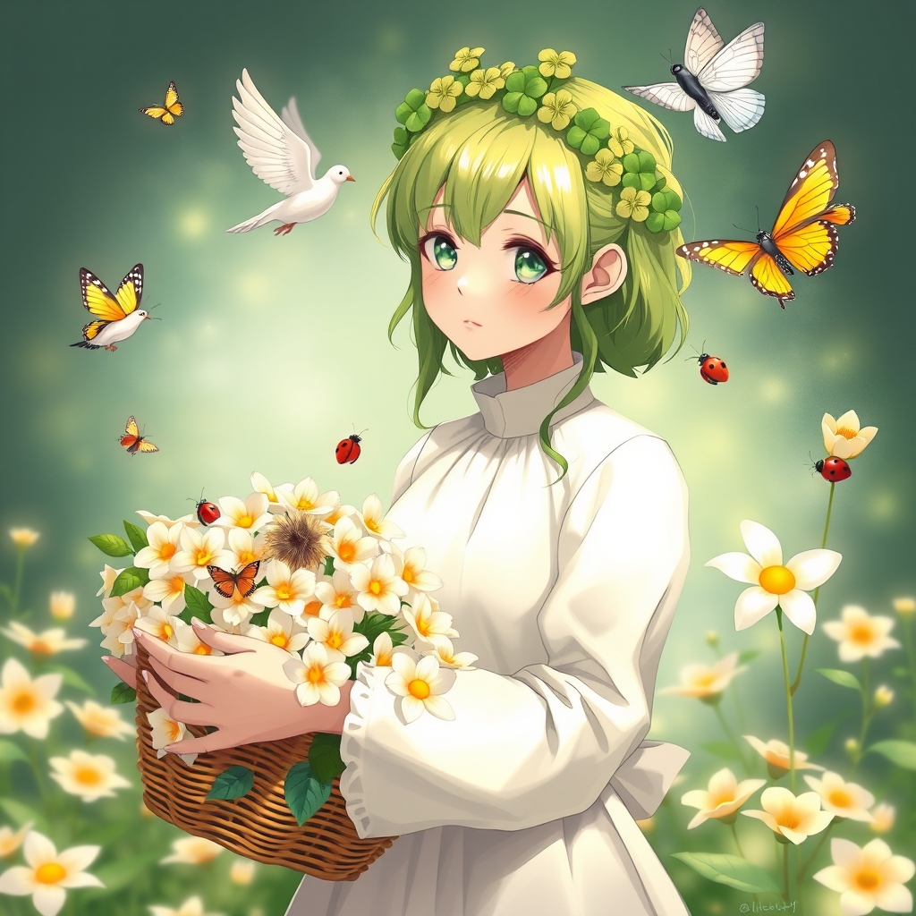 دختری که با موهای سبز و لباس سفید داره گل میچینه و در دستش سبد دارد و توی سبد پر از گل وانیلی است و روی سرش یگ 🍀وجود دارد و دورش 🕊🦋🐞می‌چرخد 1